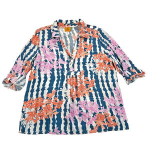 Ruby Rd. 3/4 Sleeve Pleated Collared Top Women's Large Shirt Blue/Orange Floral